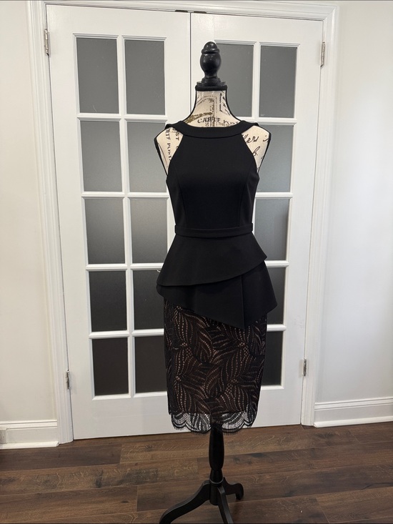 BCBGMaxAzria Dresses & Skirts - BCBGMaxAzria Black Sleeveless Peplum Midi Dress with Lace Overlay